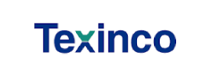 Texinco logo in blue lettering with a teal leaf/chevron mark between the letters e and x.